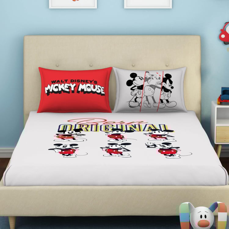 SPACES Disney Mickey Grey Printed Breathable Double Bedsheet Set-3Pcs