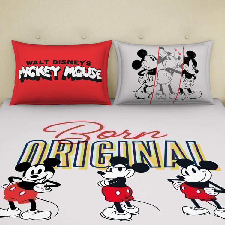 SPACES Disney Mickey Grey Printed Breathable Double Bedsheet Set-3Pcs