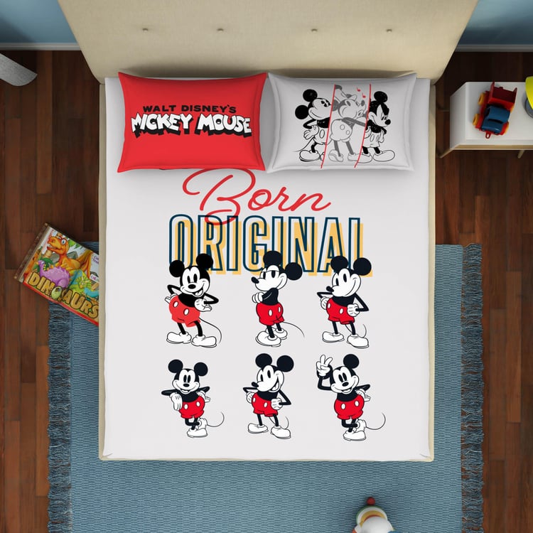 SPACES Disney Mickey Grey Printed Breathable Double Bedsheet Set-3Pcs