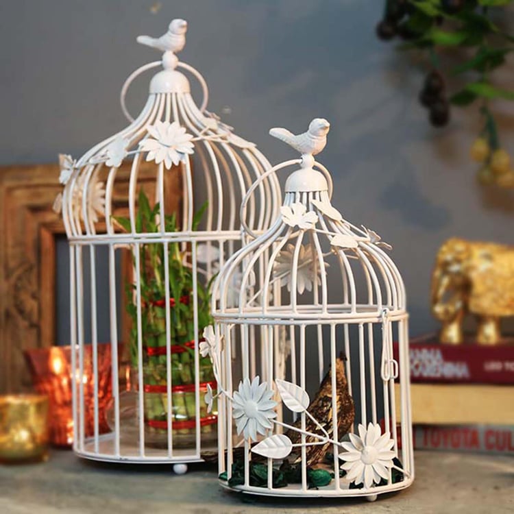 HOMESAKE White Metal Bird Cage with Floral Vine - Set Of 2