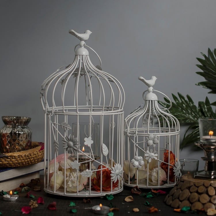 HOMESAKE White Metal Bird Cage with Floral Vine - Set Of 2