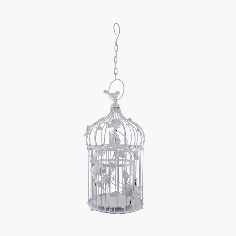 HOMESAKE White Metal Bird Cage with Floral Vine - Set Of 2