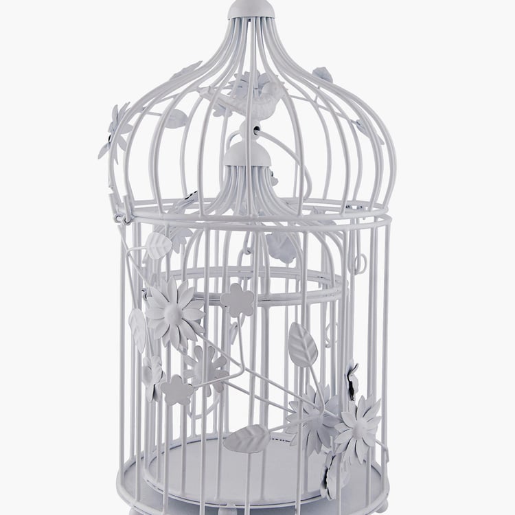 HOMESAKE White Metal Bird Cage with Floral Vine - Set Of 2