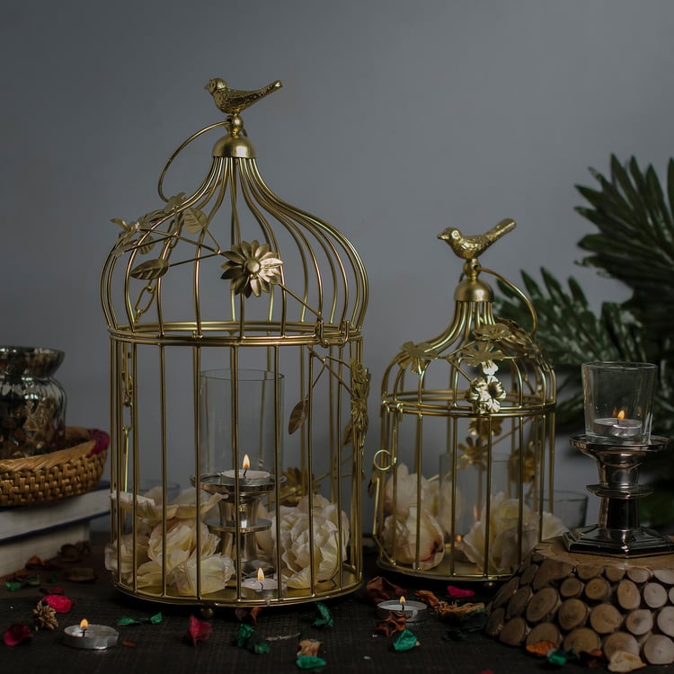 HOMESAKE Set Of 2 Metal Decorative Bird Cage with Floral Vine