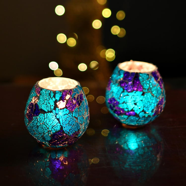 HOMESAKE Blue Crackle Mosaic Candle Holder- Set of 2- Glass- 11x12cm