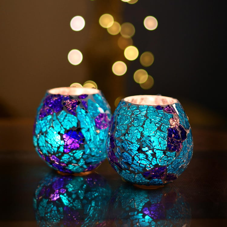 HOMESAKE Blue Crackle Mosaic Candle Holder- Set of 2- Glass- 11x12cm