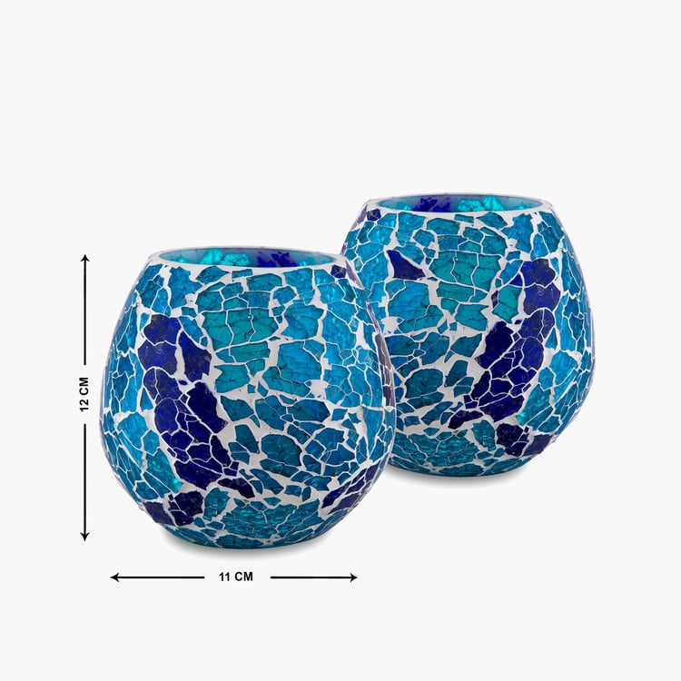 HOMESAKE Blue Crackle Mosaic Candle Holder- Set of 2- Glass- 11x12cm