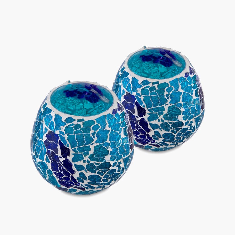 HOMESAKE Blue Crackle Mosaic Candle Holder- Set of 2- Glass- 11x12cm