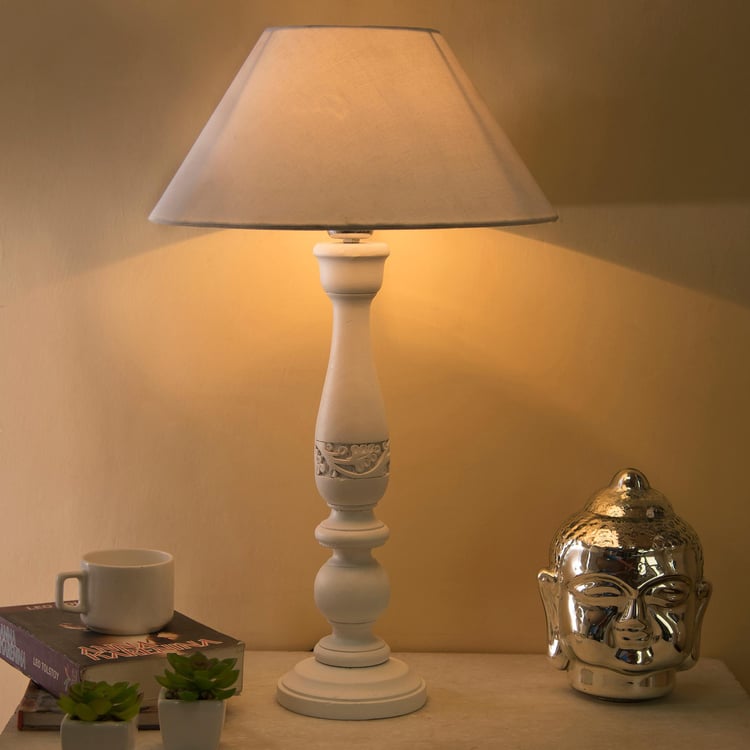 HOMESAKE White Wooden Floral Carved Table Lamp - 33 X 58 cm