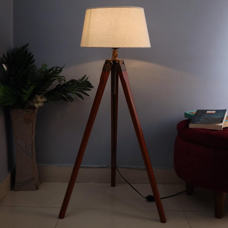 HOMESAKE Brown Wooden Tripod Floor Lamp - 48X117 Cm