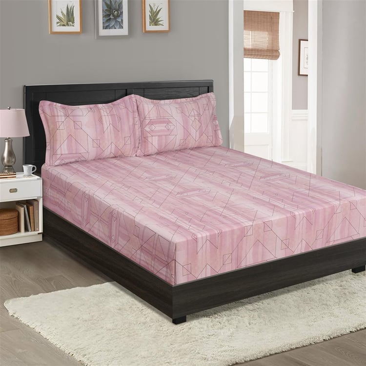 SWAYAM Pastel Vogue - Pink Geometric Printed Double Bedsheet Set - 3Pcs