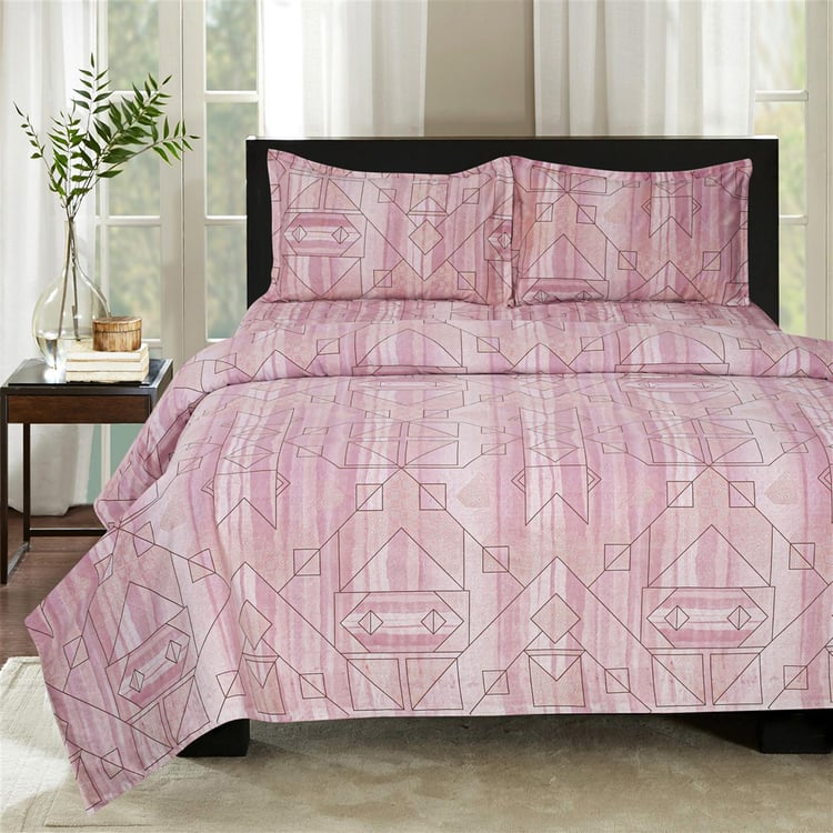 SWAYAM Pastel Vogue - Pink Geometric Printed Double Bedsheet Set - 3Pcs