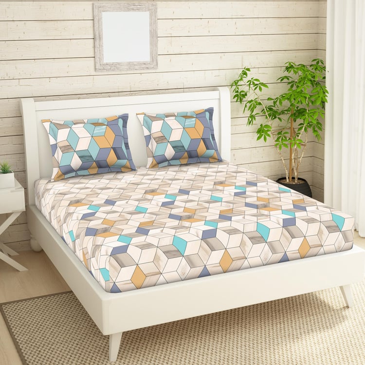 SPACES Essentials Multicolour Geometric-Print Cotton Super King Double Bedsheet Set - 274x274cm - 3Pcs