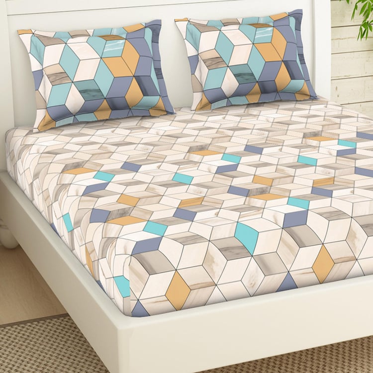 SPACES Essentials Multicolour Geometric-Print Cotton Super King Double Bedsheet Set - 274x274cm - 3Pcs