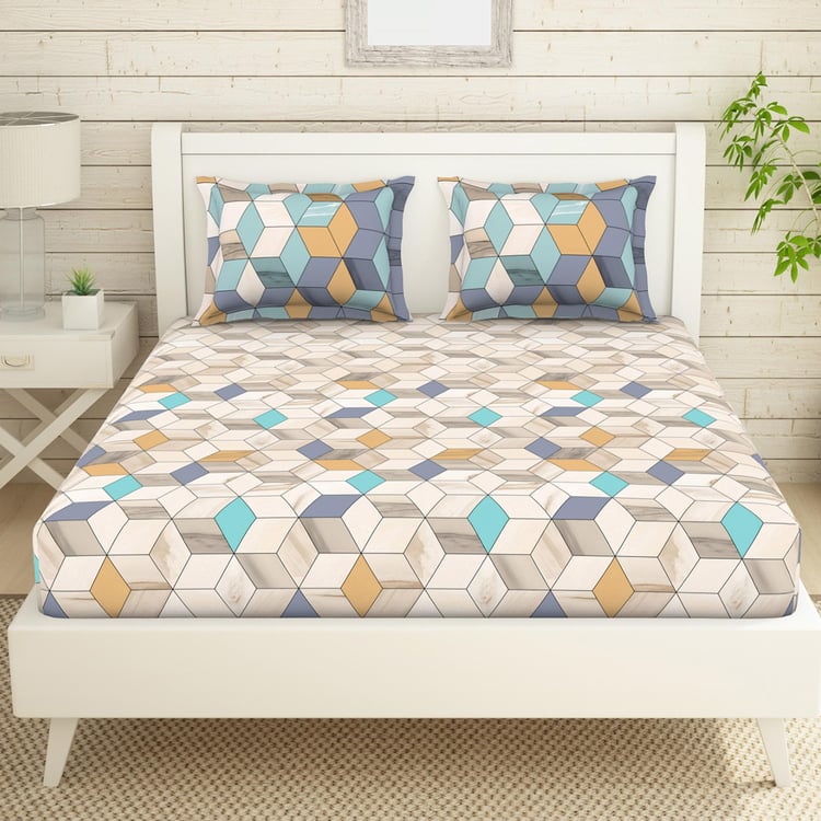 SPACES Essentials Multicolour Geometric-Print Cotton Super King Double Bedsheet Set - 274x274cm - 3Pcs