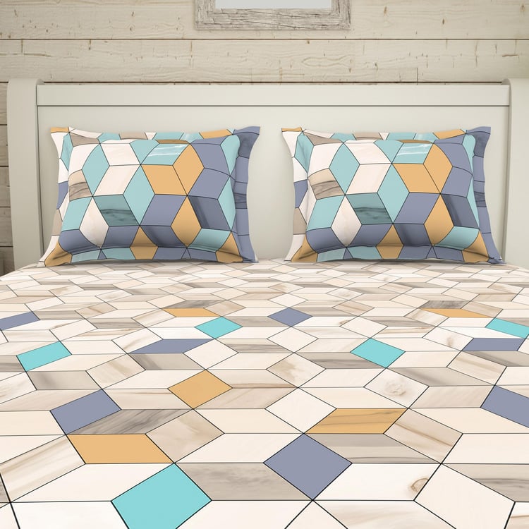 SPACES Essentials Multicolour Geometric-Print Cotton Super King Double Bedsheet Set - 274x274cm - 3Pcs