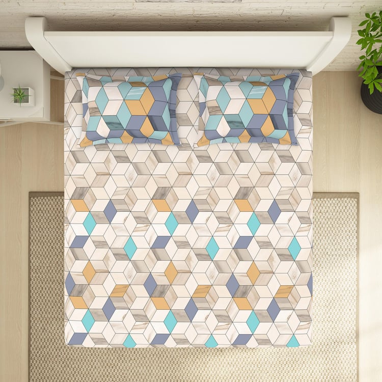 SPACES Essentials Multicolour Geometric-Print Cotton Super King Double Bedsheet Set - 274x274cm - 3Pcs