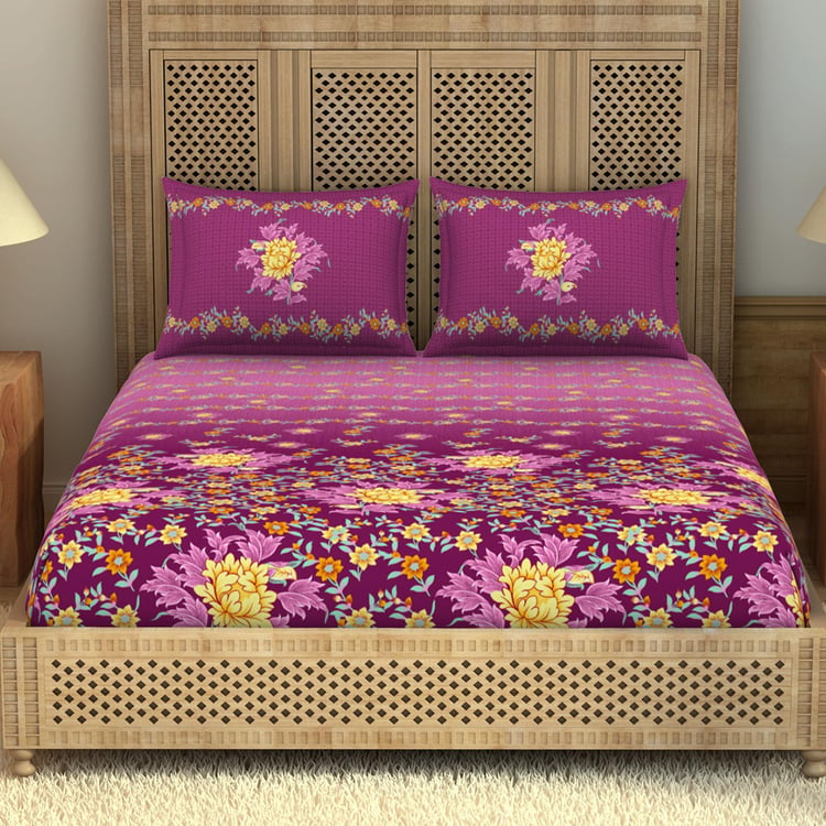 SPACES Niyama Purple Printed Cotton King Bedsheet Set - 274x274cm - 3Pcs