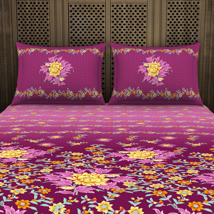 SPACES Niyama Purple Printed Cotton King Bedsheet Set - 274x274cm - 3Pcs