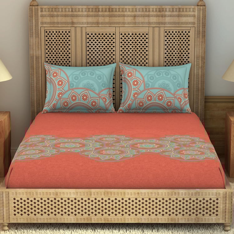 SPACES Padmapriya Red Printed Cotton King Bedsheet Set - 274x274cm - 3Pcs