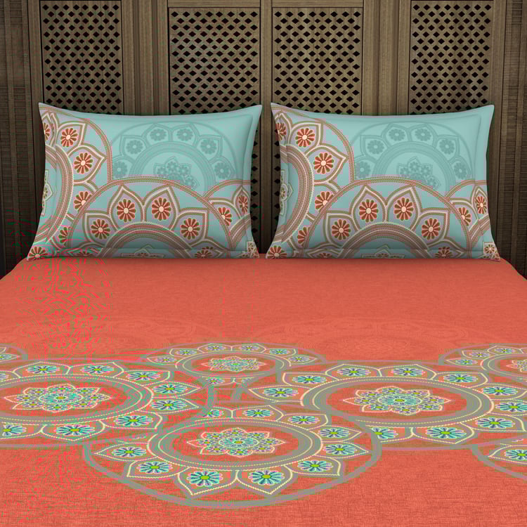 SPACES Padmapriya Red Printed Cotton King Bedsheet Set - 274x274cm - 3Pcs