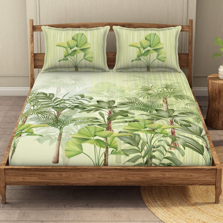 SPACES Tropically Exotic Green Soft Double Bedsheet Set - 3Pcs