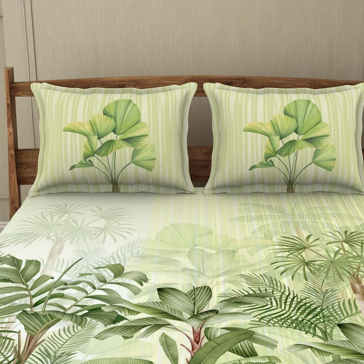 SPACES Tropically Exotic Green Soft Double Bedsheet Set - 3Pcs