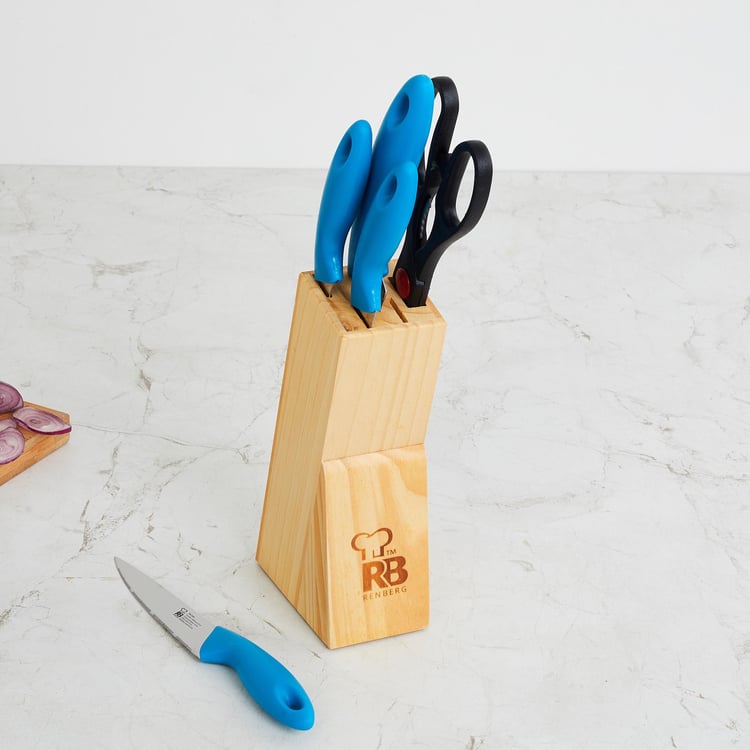 Fiesta Beige Stainless Steel Knife and Scissors Block Set - 6Pcs