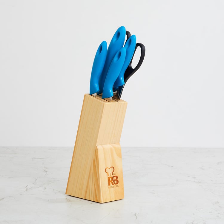 Fiesta Beige Stainless Steel Knife and Scissors Block Set - 6Pcs