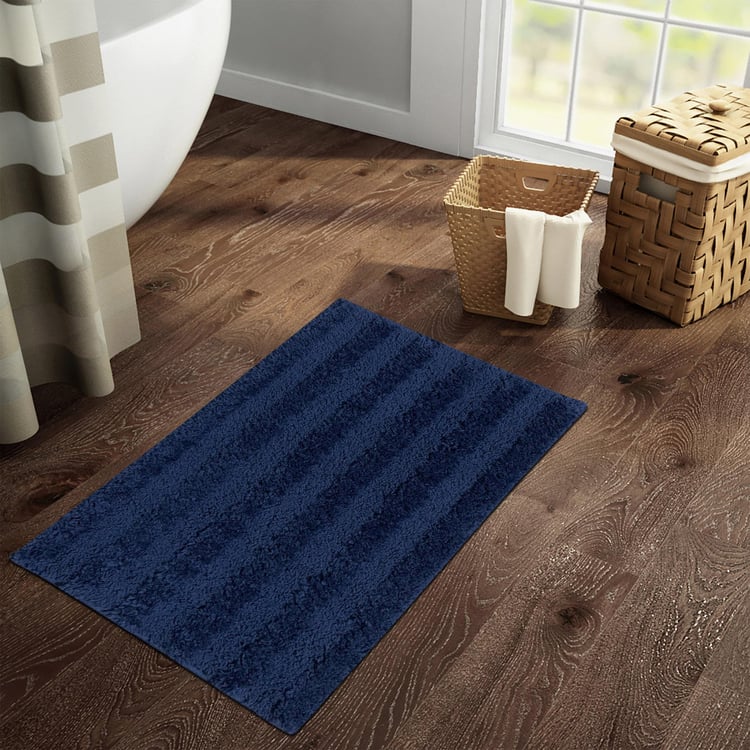 Spaces Small Size Swift Dry Blue Textured Small Bath Mat - 40X80Cm