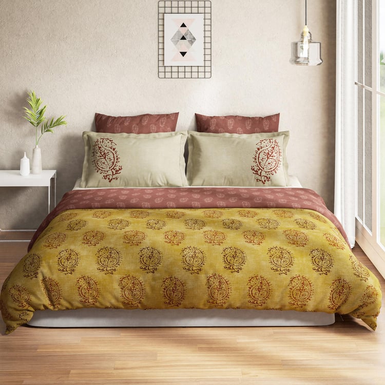 D'DECOR Home Treats Yellow Printed Cotton King Bedsheet Set - 254x274cm - 3Pcs