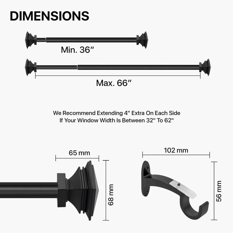 DECO WINDOW Fashion Black Solid Iron Extendable Curtain Rod - 162cm