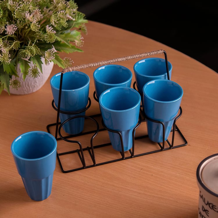 HOMESAKE Contemporary Blue Ceramic Chai Glass with Stand - 120 ml - Set of 6