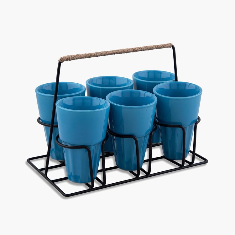 HOMESAKE Contemporary Blue Ceramic Chai Glass with Stand - 120 ml - Set of 6