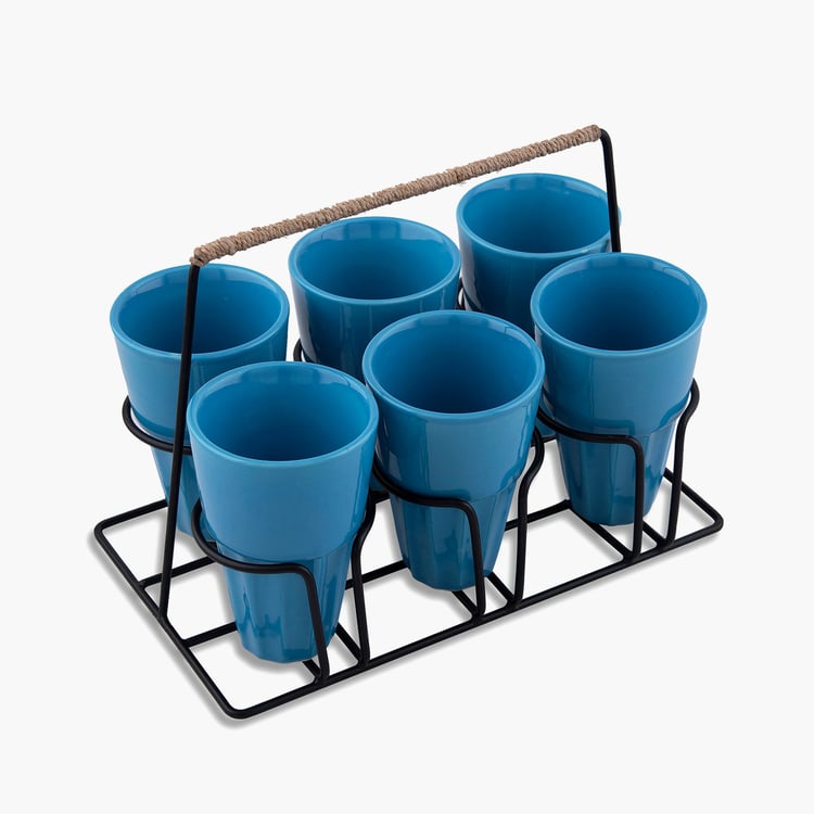 HOMESAKE Contemporary Blue Ceramic Chai Glass with Stand - 120 ml - Set of 6