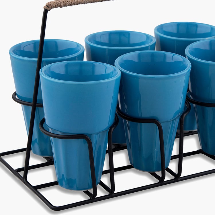 HOMESAKE Contemporary Blue Ceramic Chai Glass with Stand - 120 ml - Set of 6