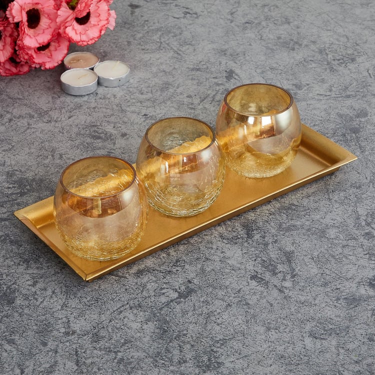 Fiesta Gold Solid Glass T-Light Holder with Plate - 4Pcs