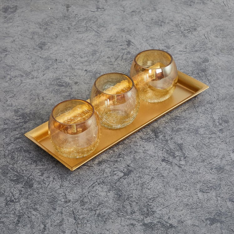 Fiesta Gold Solid Glass T-Light Holder with Plate - 4Pcs