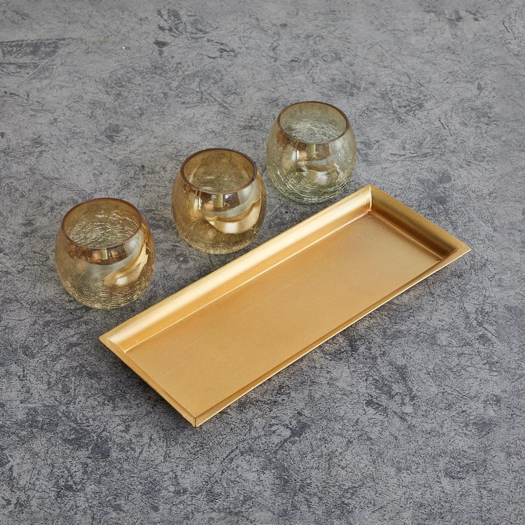 Fiesta Gold Solid Glass T-Light Holder with Plate - 4Pcs