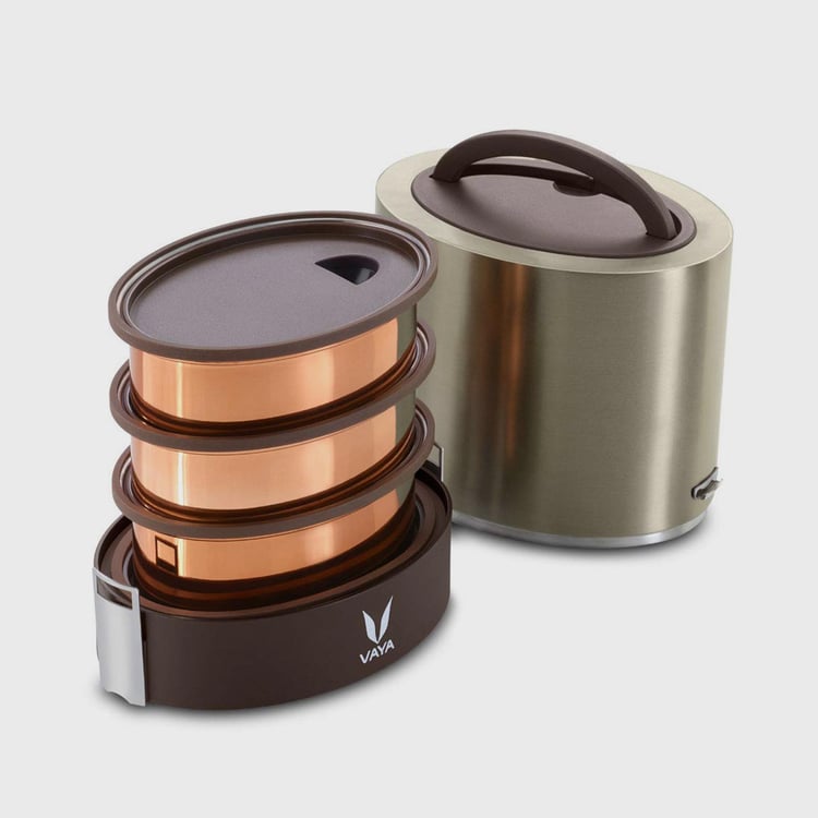 VAYA Drynk Graphite Brown Three-Tier Stainless Steel Lunch Box