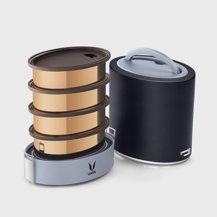 VAYA Tyffyn Black Colourblock Stainless Steel Four-Tier Lunch Box With Outer shell - 1300ml