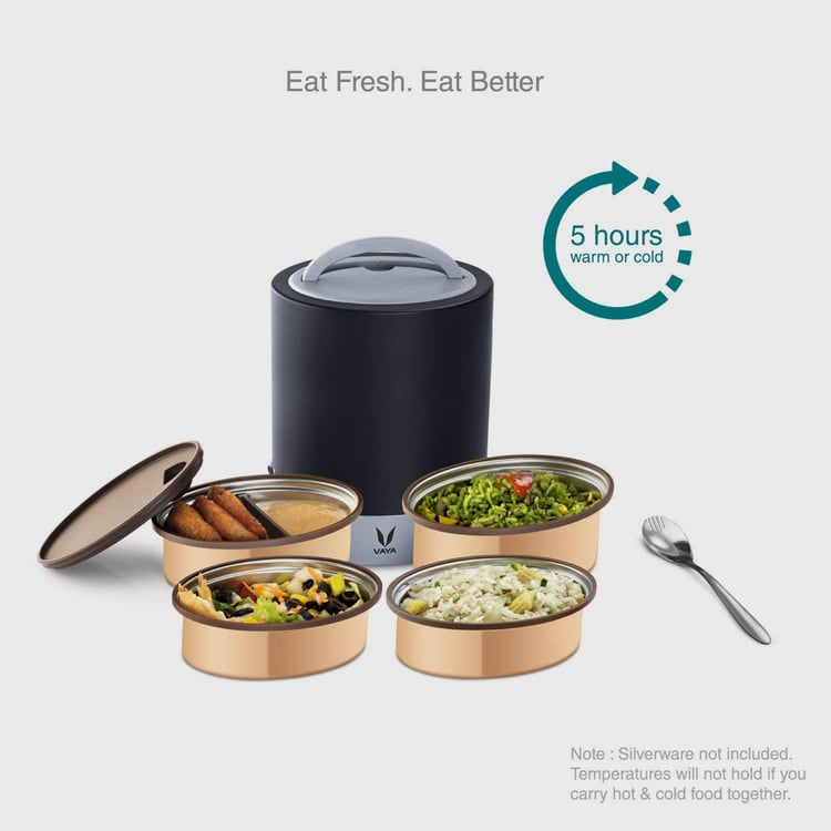 VAYA Tyffyn Black Colourblock Stainless Steel Four-Tier Lunch Box With Outer shell - 1300ml