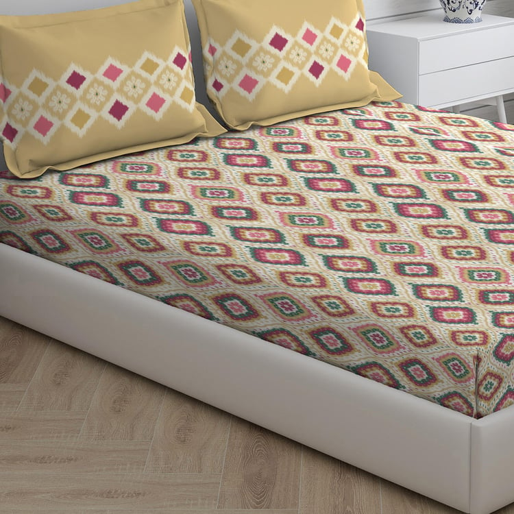 LAYERS Utsav Beige Printed Cotton Queen Bedsheet Set - 3Pcs