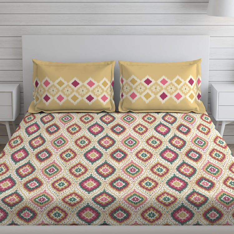 LAYERS Utsav Beige Printed Cotton Queen Bedsheet Set - 3Pcs