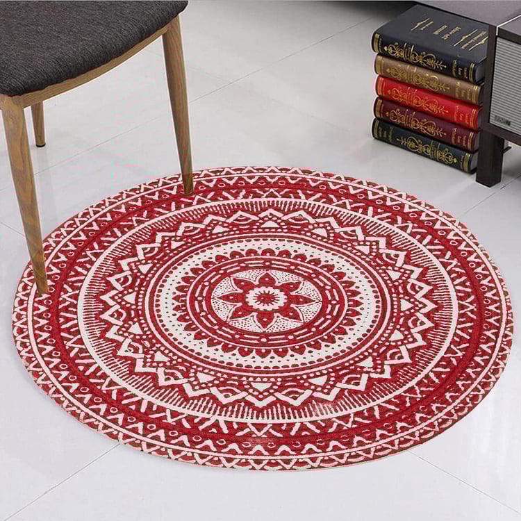 Zodiac Ring Red Patterned Round Cotton Braided Floor Rug - 80cm