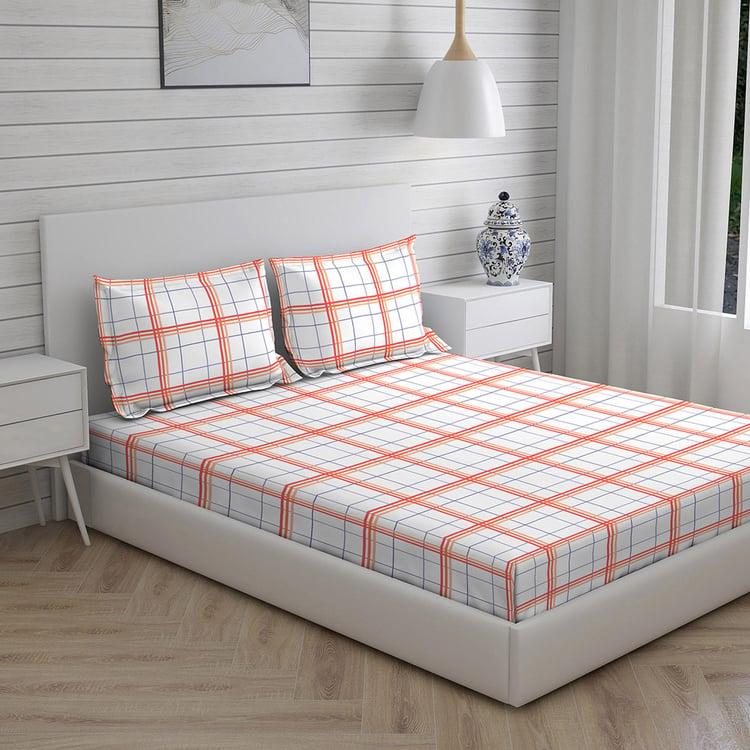 LAYERS Milano White Checked Cotton Double Bedsheet Set- 3Pcs