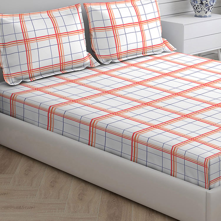 LAYERS Milano White Checked Cotton Double Bedsheet Set- 3Pcs