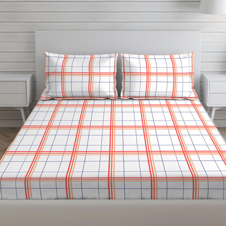 LAYERS Milano White Checked Cotton Double Bedsheet Set- 3Pcs