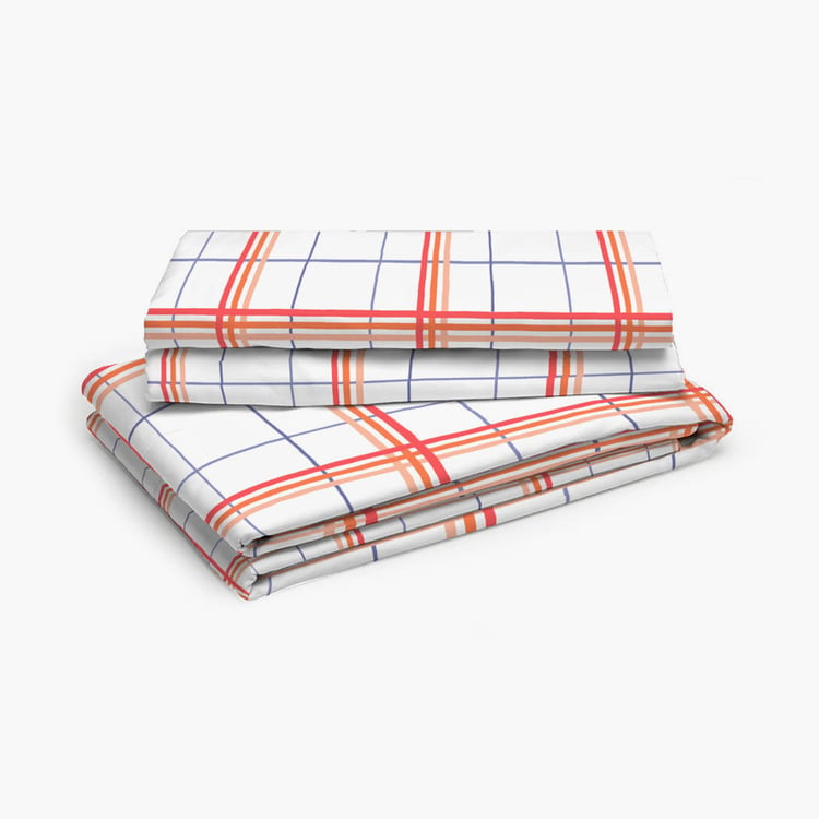 LAYERS Milano White Checked Cotton Double Bedsheet Set- 3Pcs