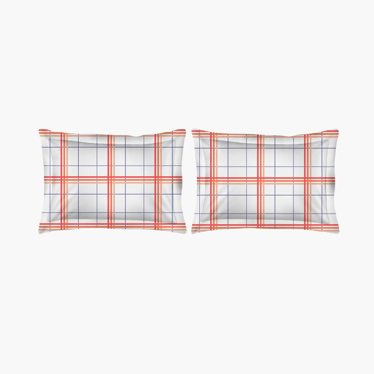 LAYERS Milano White Checked Cotton Double Bedsheet Set- 3Pcs